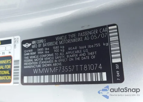 2007 Mini Cooper S from USA, damaged, VIN WMWMF73557TT81074